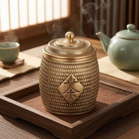 Tea Container Canister Woven Texture Lidded Brass Canister Round Bulbous