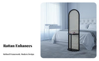 Freestanding Design Arched Woven Divider with Shelf Portable Arched Rattan Partition Japandi Design Privacy Screen Light-Filtering for Apartment Dwellers, Homeowners, Renters, Living Room, Entryway, Bedroom, Away Ice