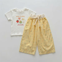 Girls Two Piece Clothing Set for Kids with Cartoon T-Shirt and Wide Leg Pants, Short Sleeve Casual Wear for Summer, 90% Blend Outfit