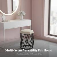 golden-hued Frame Upholstered Round Stool with Metal Legs Padded Seat Upholstered Vanity Stool Soft paddinged Top Household Furniture plush fabric Upholstery for Beauticians, Apartment Dwellers, residents, Makeup Room, Bedroom, Nail Salon, Entryway