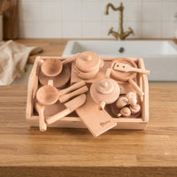 Toy Kitchen Set with Tray Wood Wooden Cooking Toy Set Realistic for Young Children, Preschool