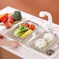 Extendable Dish Rack and Kitchen Sink Drainer, Stainless Steel Fruit Drain Basket and Vegetable Colander, Over Sink Space Saving Modern Style