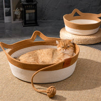 Woven Cat Bed Round Rope Cat Bed Pet Basket Shallow Handwoven for Cats, Floor, Living Room