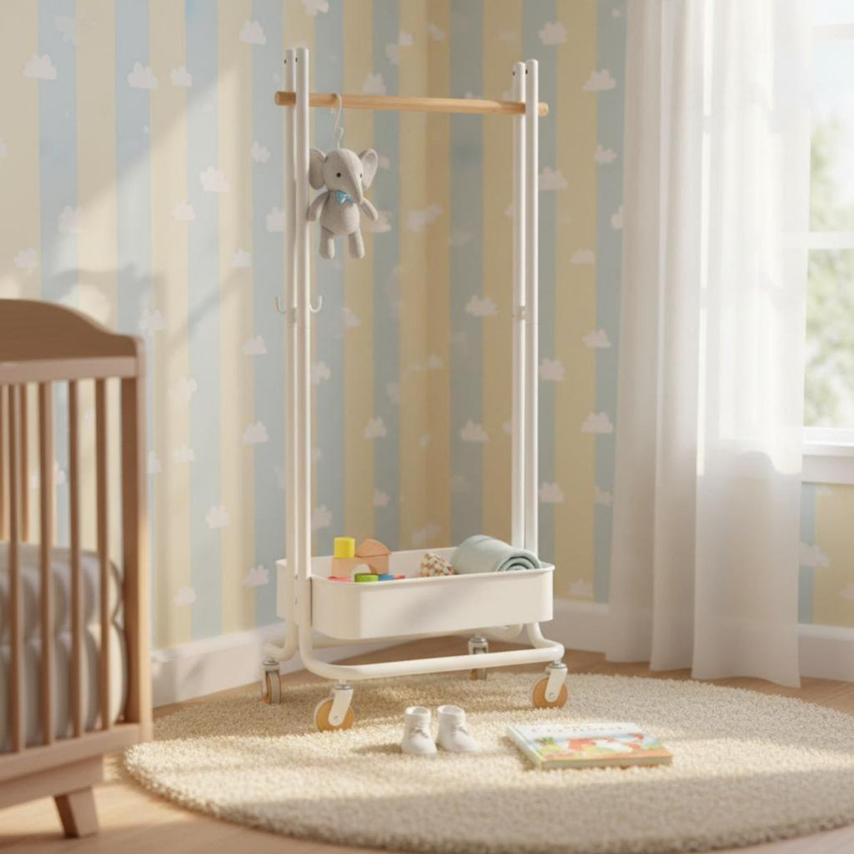 Child-Sized Height children's Rolling Clothes Rack Minimalist Design Garment Stand Sturdy Construction Household Storage Easy to Assemble for Children, Toddlers, Parents, Entryway, Bedroom, Playroom, Living Room