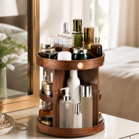 Walnut Makeup Storage, 2-Layer Rotating Perfume Stand, Dark Brown Bathroom Organiser for Vanity Table, Cosmetic Organizer with Compartments