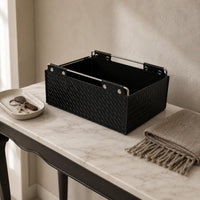 Woven Leather Basket Metal Corner Rods Rectangular Storage Basket Black Interior
