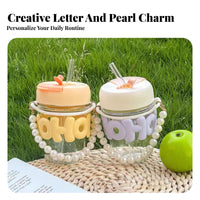 Heat and Cold Resistant Glass Straw Cup with Pearl Handle Aesthetic Design Portable Glass Cup with Letter Sleeve Reusable for Students, Home