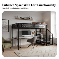 Dormitory Loft Bed Nordic Design Metal Loft Bed with Desk Space Saving for Young Adults, Teenagers, Small Areas, Studio Apartment, Home Office