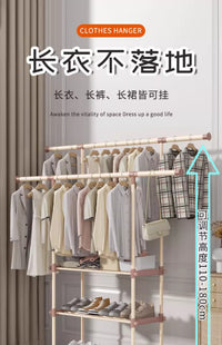 晾衣架落地家用伸缩多功能简易衣帽架宿舍阳台卧室挂衣服晾晒架子 升级款单杆黑色-伸缩款带轮款