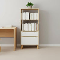 Small Footprint Slim Bookcase Solid Wood Legs Tall Wooden Storage Unit Nordic Design Narrow Bookshelf with Drawer for Home Office