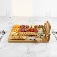 6 Pieces Bamboo Cheese Board and Knife Set Easy to Clean Stain Resistant Meat and Cheese Board Platter with Cutlery