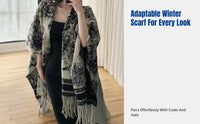 Ink Pattern Shawl Scarf, Black Cream, Women's Long Winter Warm Cape with Tassels