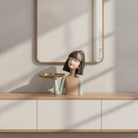 Girl Bust with Tray Golden Statue with Tray Low-Profile Jewelry Holder for Vanity, Entryway, Living Room