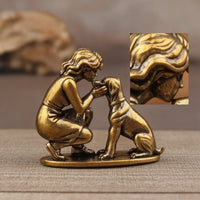 Antique Bronze Finish Girl and Dog Figurine Brass-Colored Girl with Dog Figurine Sculpted Sculpture Heartwarming for Bookshelf, Desk