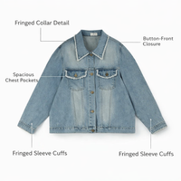Women Oversized Denim Jacket with Frayed Edge Detail, Long Sleeve Ladies for Spring, Soft Washed Blend Finish