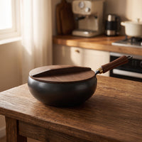 Cast Iron Wok with Wooden Lid Heat Retention Wok with Wooden Lid Even Heating Cookware for Stovetop