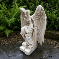 Seated Angel Figurine Antique Vintage-Look Pale Figure Statue Stepped Base Home Decor for Outdoor