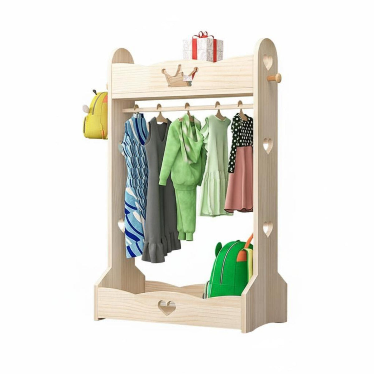 2 Pieces Cartoon Design childs' Valet Stand with Mirror Child-Safe Paint Toddler Dress-up Station Multi-Functional Storage children's Furniture Polished Borders for Toddlers, Girls, Parents, Kindergarten, Bedroom, Playroom, Nursery