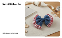 Red Plaid Denim Bow Korean Design Denim and Gingham Bow Handmade Crafting Material for Crafters, Hobbyists, Craft Projects, Scrapbooking