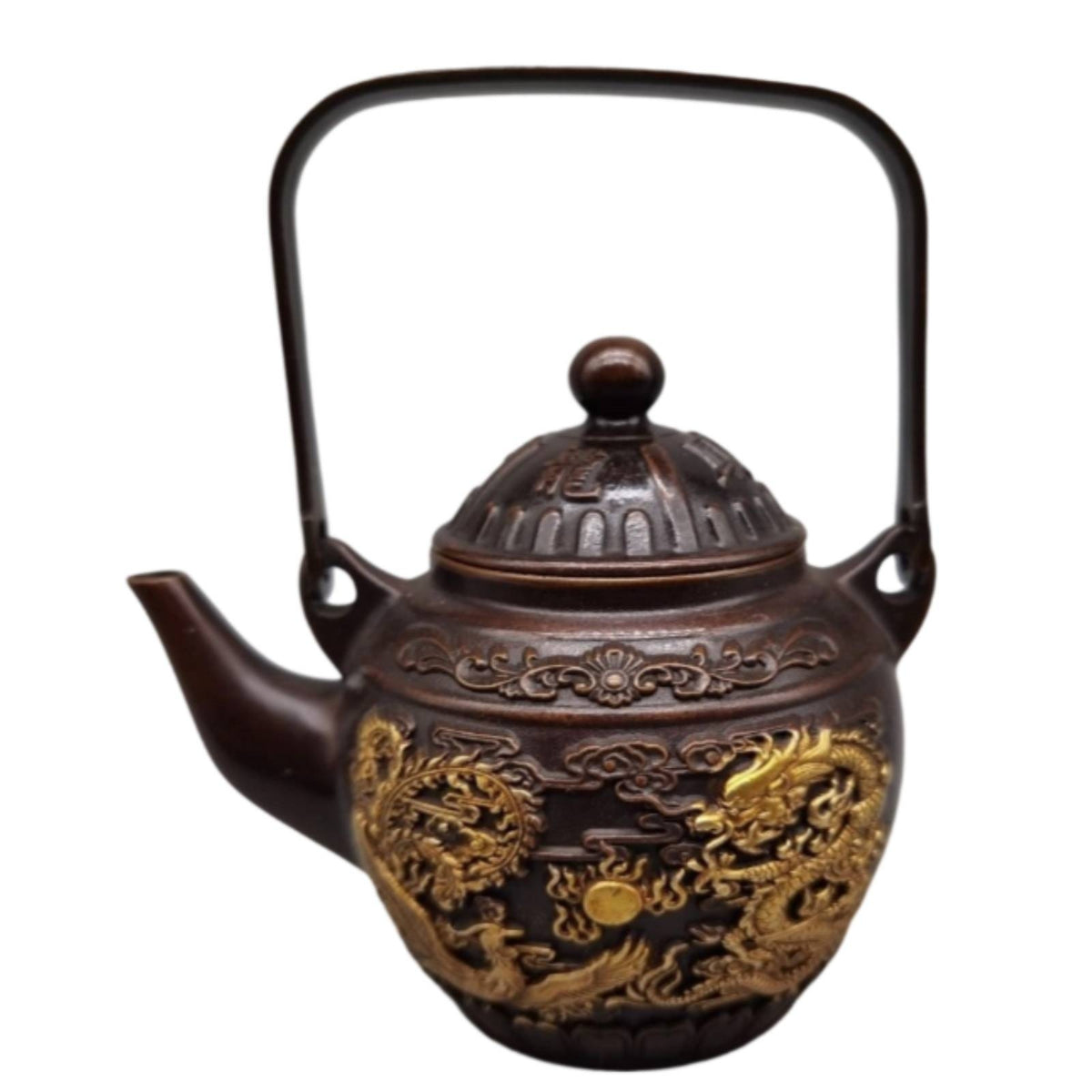 Bronze Teapot with Lid Decorative Ornamental Teapot Embossed Vessel for Collectors, Living Room Display