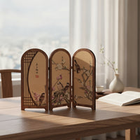 Desktop Folding Screen Chinese Style Mini Folding Screen with Base Decor Floral-and-Bird-Bird Traditional for Homeowners, Desk
