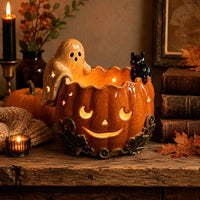 跨境Handmade Ceramic Pumpkin Bowl with Ghost Cat幽灵猫南瓜烛