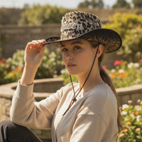 Cowboy Hat with Chin Cord Western-Style Leopard Print Hat Rhinestone for Women, Festivals, Photo Shoots, Streetwear