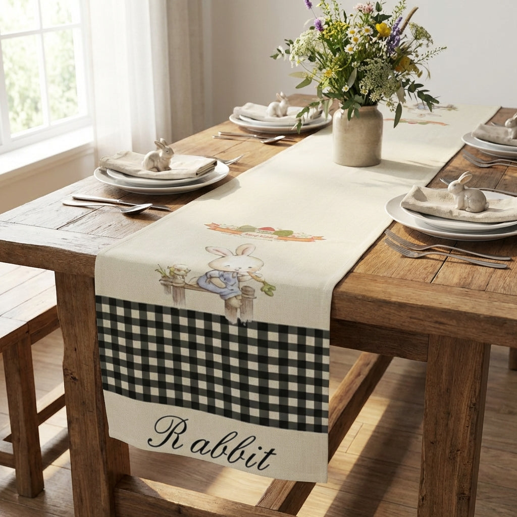 Easter Bunny Illustration Tablecloth, Linen Fabric, Rabbit Printed Table Scarf, Printed Design, Home Decor, Suitable for Party Organizers, Entrance Hall, Living Room