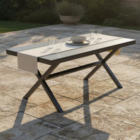 5 Pieces Weather Resistant Plastic Wood Garden Table and Chairs Easy to Clean Rectangular Patio Dining Set Rustproof 5 Piece Outdoor Dining Set for Balcony, Courtyard