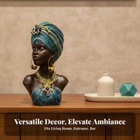Blue Patterned African Woman Bust Sculpture Dark Brown Resin Decorative Bust Textured African Female Sculpture Gold-Tone