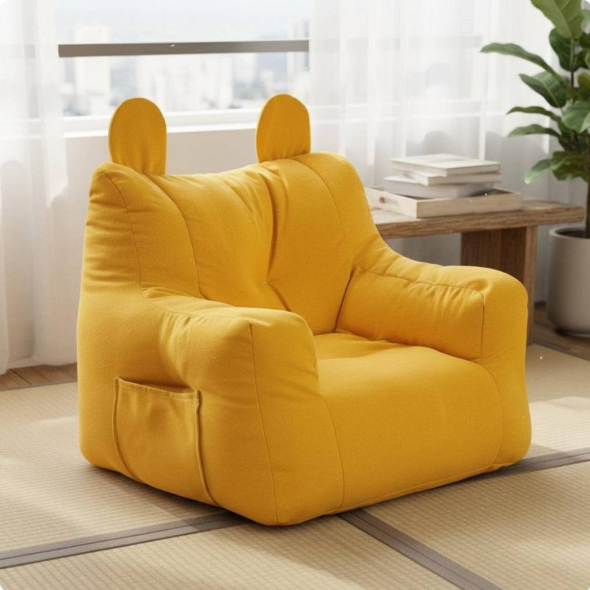 Cute Bear Ear Design Children's Lazy Sofa Ergonomic Support Soft Baby Sofa Chair Breathable Textile Toddler Beanbag Armchair Materials for Playroom