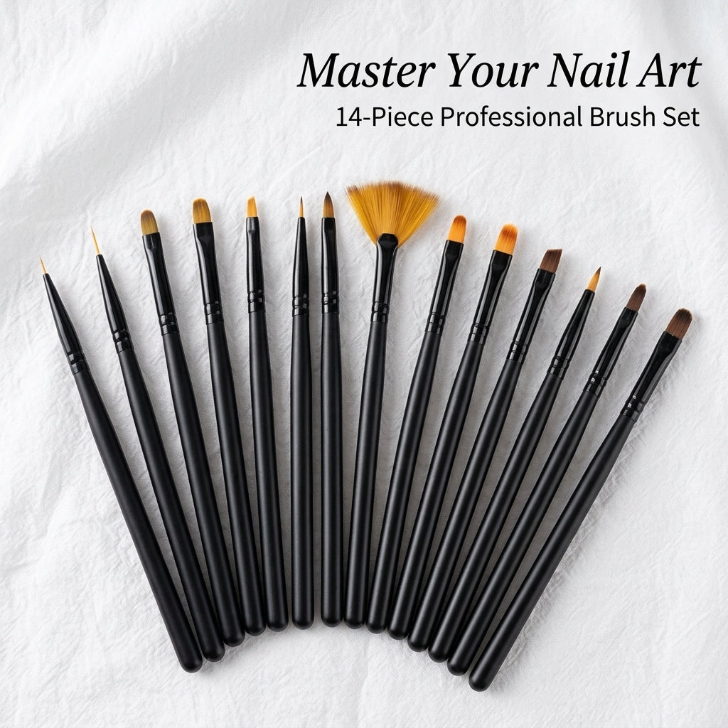 Professional Nail Design Brushes for Manicure and Painting, 14 Piece Set with Long Acrylic Handle, Liner and Detailing Tools for Art Work