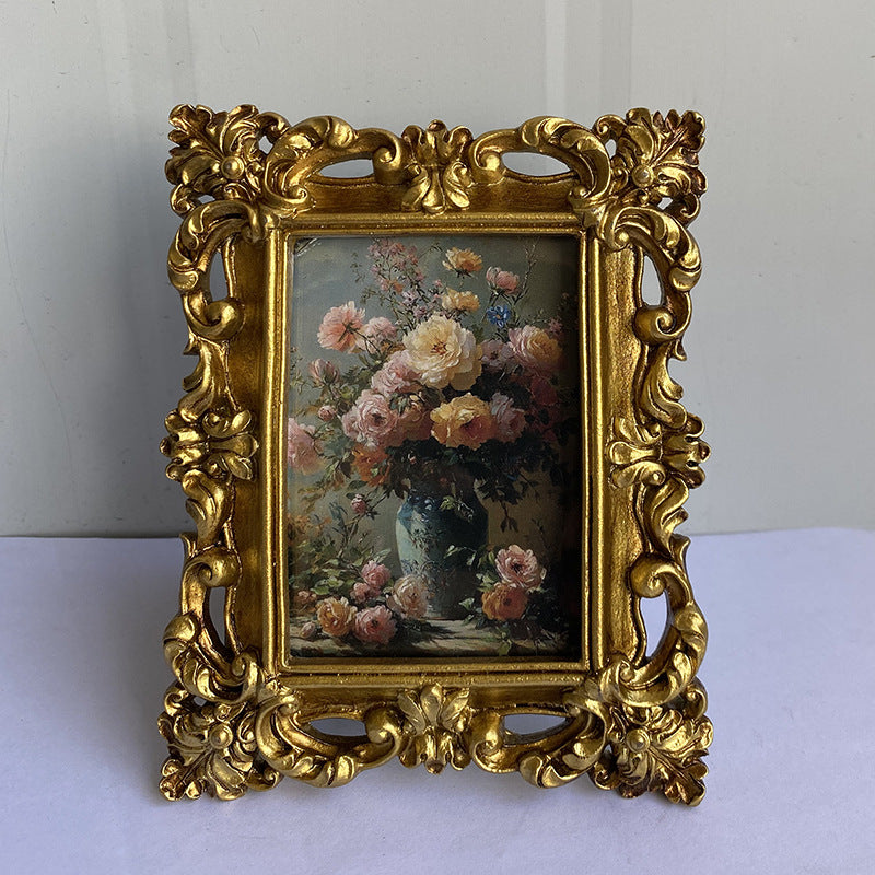 European Vintage Gold Resin Picture Frame with Relief and Hollow Carving