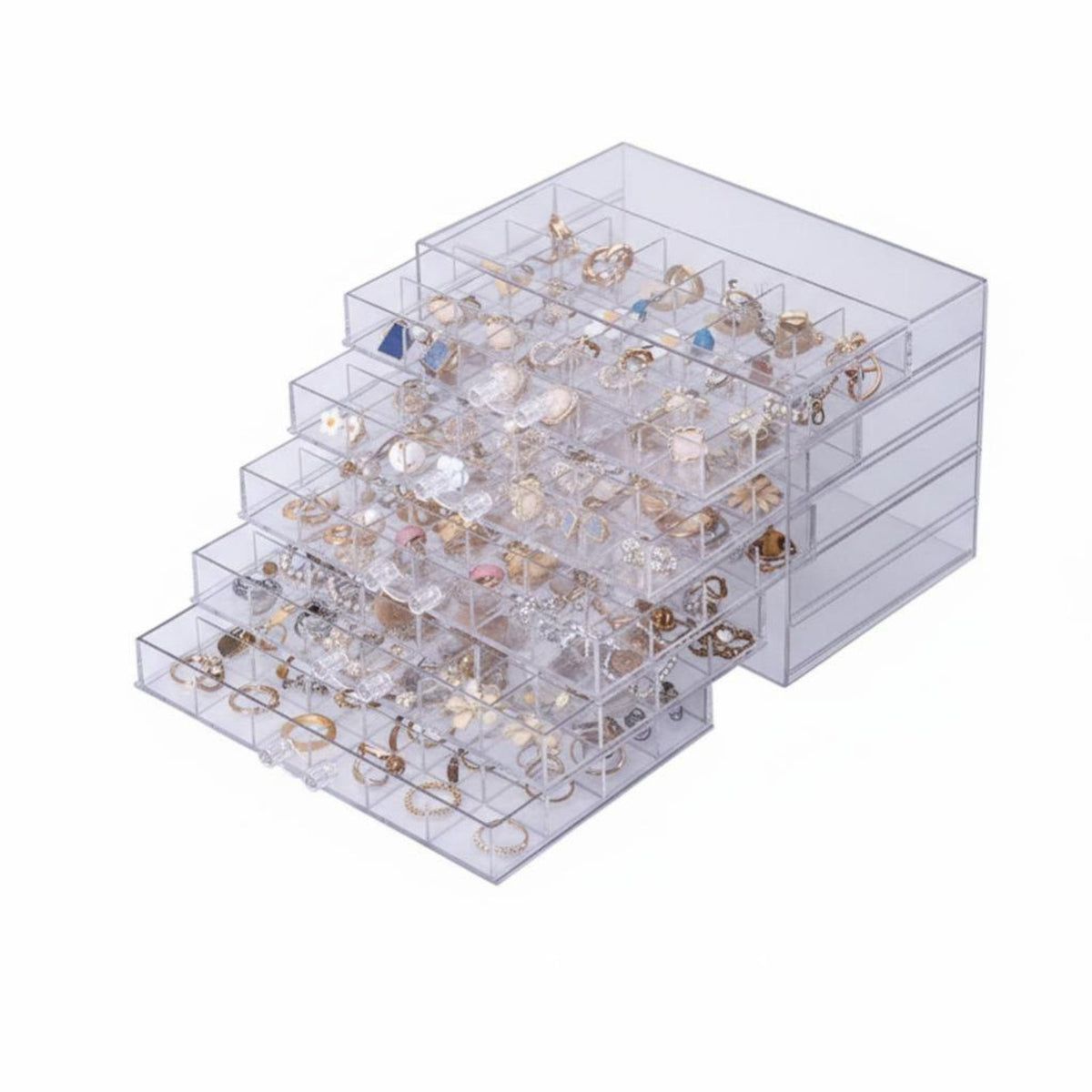Transparent Multicompartment Drawer Organizer dustproofproof Plastic Case with Adjustable Dividers Clear View Design Jewelry Box adaptable Compartments for Hobbyists, DIY fans, Dressing Table, Bedroom, Dorm Room, Closet
