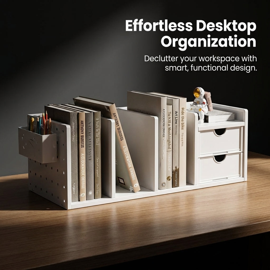 Desk Storage with Drawers and Pen Holder, Pegboard File Organizer for Office 3 Compartment Workspace Organization for Students