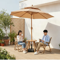 Patio Umbrella with Base UPF 50+ Two-Tiered Top Patio Umbrella Wood Look for Cafes, Backyard, Balcony, Camping