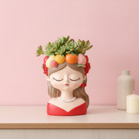 Sculpted Girl Bust Planter Decorative Planter with Pearl Necklace Whimsical Female Face Flowerpot Cute for Plant Lovers, Gardeners, Desk, Living Room, Bedroom, Balcony