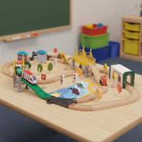110 Pieces Great Gift 110 Piece Wooden Railway Set Beech Wood Material Wooden Train Track Set Creative Assembly City Scene Vehicle Playset for Boys, Kids, Toddlers, Floor Play, Playroom