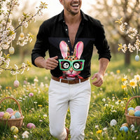 Men's Easter Shirt Long Sleeve 3D Rabbit Graphic Button Down Top Novelty Funny Bunny Print Casual Party Blouse for Spring Holiday & Festivals