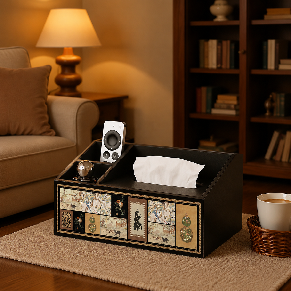 Square Tissue Box Cover with Compartments, Wooden Tissue Box Holder, MDF Desk Storage Organiser for Remote Controls, 26x16.5x13cm Vintage Design