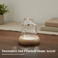 Fortunate Cat Glass Jar Good Fortune Symbol Maneki-Neko Savings Jar Cat Shaped Container with Wooden Base Wealth Attracting