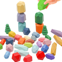 38 Pieces Wooden Stacking Rocks Geometric Stacking Blocks with Storage Box Wooden Stones Faceted Stone Blocks Smooth