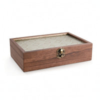 Hinged Display Case with Glass Lid Embossed Wooden Box with Glass Lid Wood-Grain Jewelry Box Decorative for Women, Desktop, Dresser, Vanity