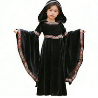 Parent-Child Matching Medieval Witch Costume Retro Castle Design Hooded Dark Noble Gown Flared Sleeves Gothic Velvet Dress Floor Length for Families, Children, Cosplay Events, Themed Parties, Theatrical Productions, Stage Performances