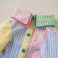 Summer Lightweight Contrast Shirt for Small Dog Clothing, Polyester Patchwork Cat Outfits with Frill and Buttons, Breathable Animal Fashion