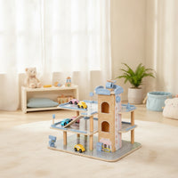 Pastel Wooden Parking Garage Playset Parking Garage with Ramps Smooth Play Set Compatible for Children, Toddlers, Daycare