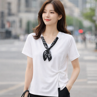 Womens Shirts with V-Neckline and Short Sleeves, Ribbed Ladies T with Concealing Design