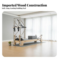 Pilates Reformer Bed Firm Foam Padding Pilates Reformer Machine Adjustable Tension Oak Wooden Foundation Bed for Postpartum Women, Gym, Living Room