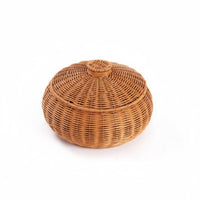 Round Woven Basket with Lid Versatile Lidded Decorative Basket Handmade Storage Container for Kitchen, Desktop