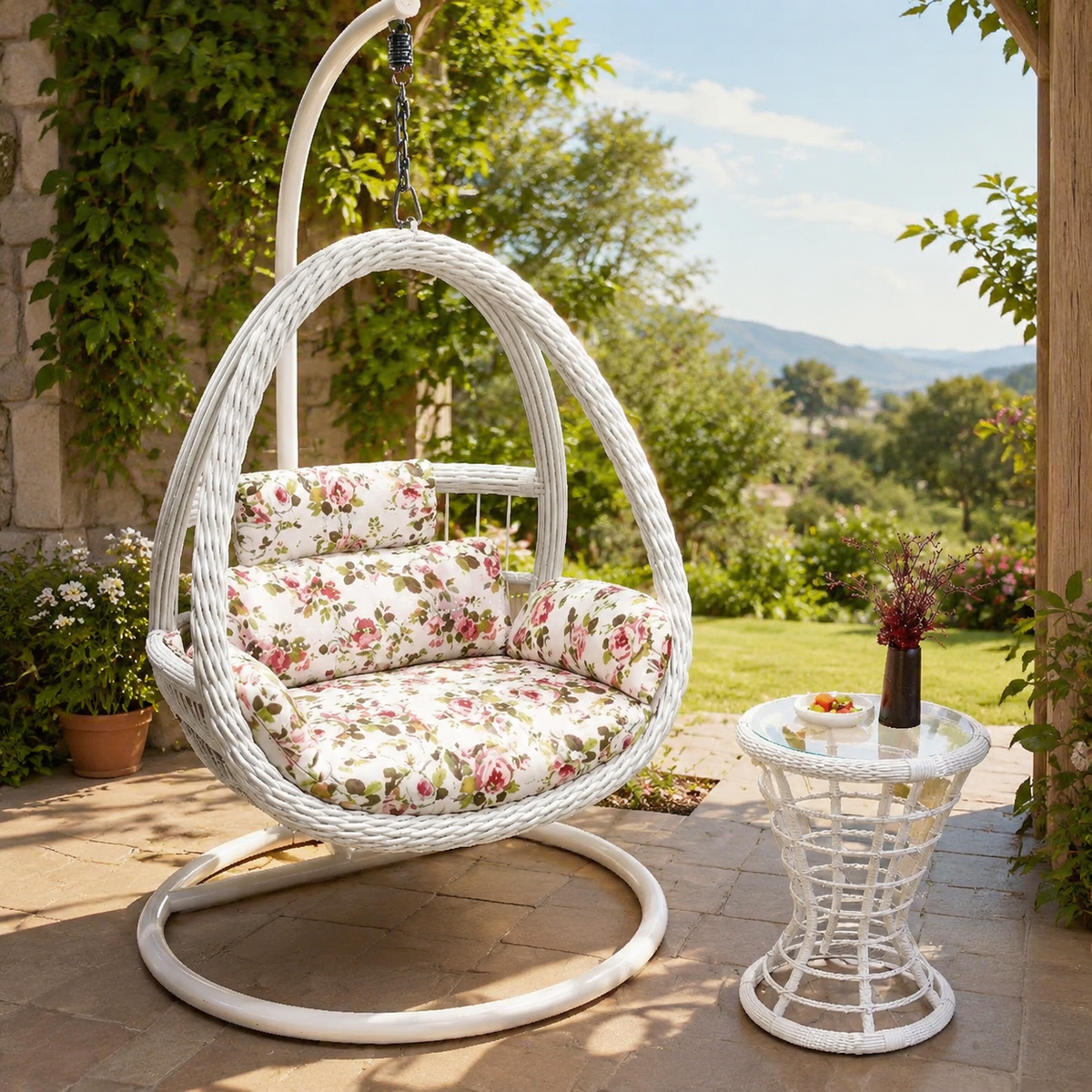 Hanging Chair Indoor Outdoor Use Single Person Rotating Metal Frame With Table